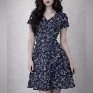 Floral Dark Blue Short Sleeve Dress- Time and Tru